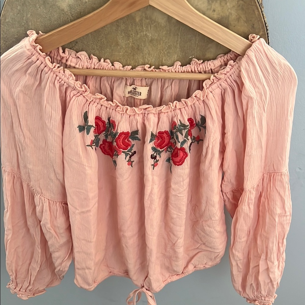 Hollister Pink Embroidered Bishop Sleeve Blouse
